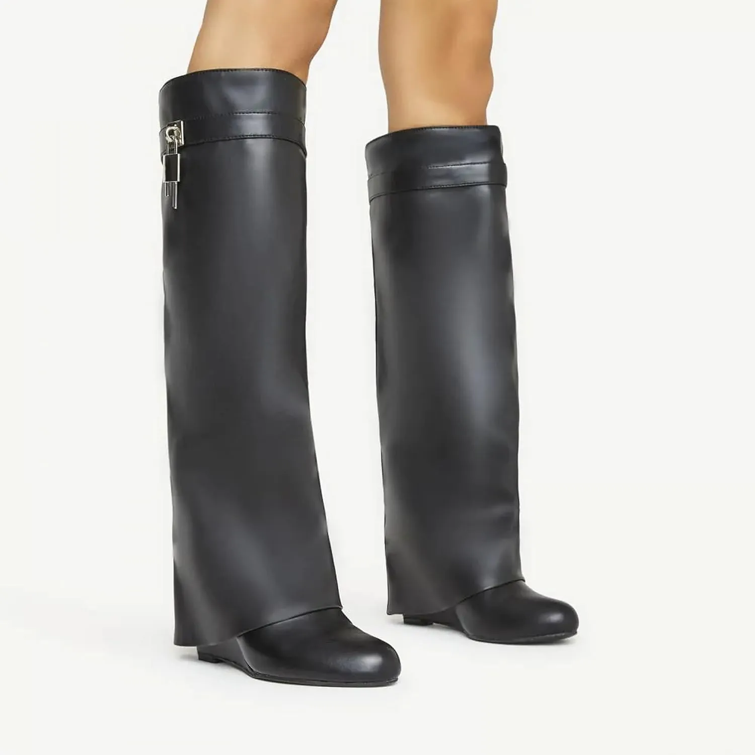 Women Fold Over Wedge Boots Padlock Knee High Fashion Pull On Boots