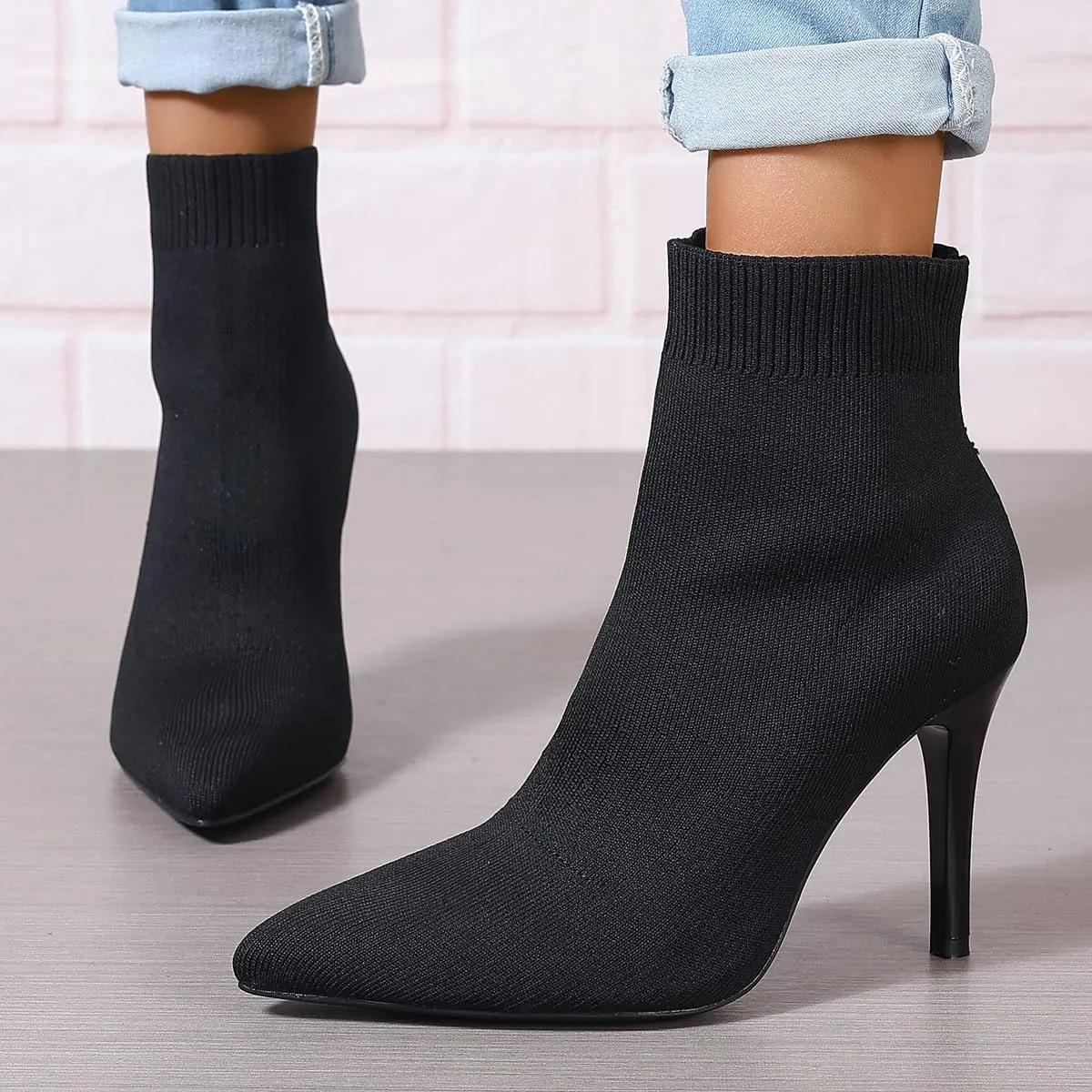 Women Knitted Boots Stretch Sock Ankle Boots Pointed Toe Booties Stiletto High Heel Pull On Ankle Booties