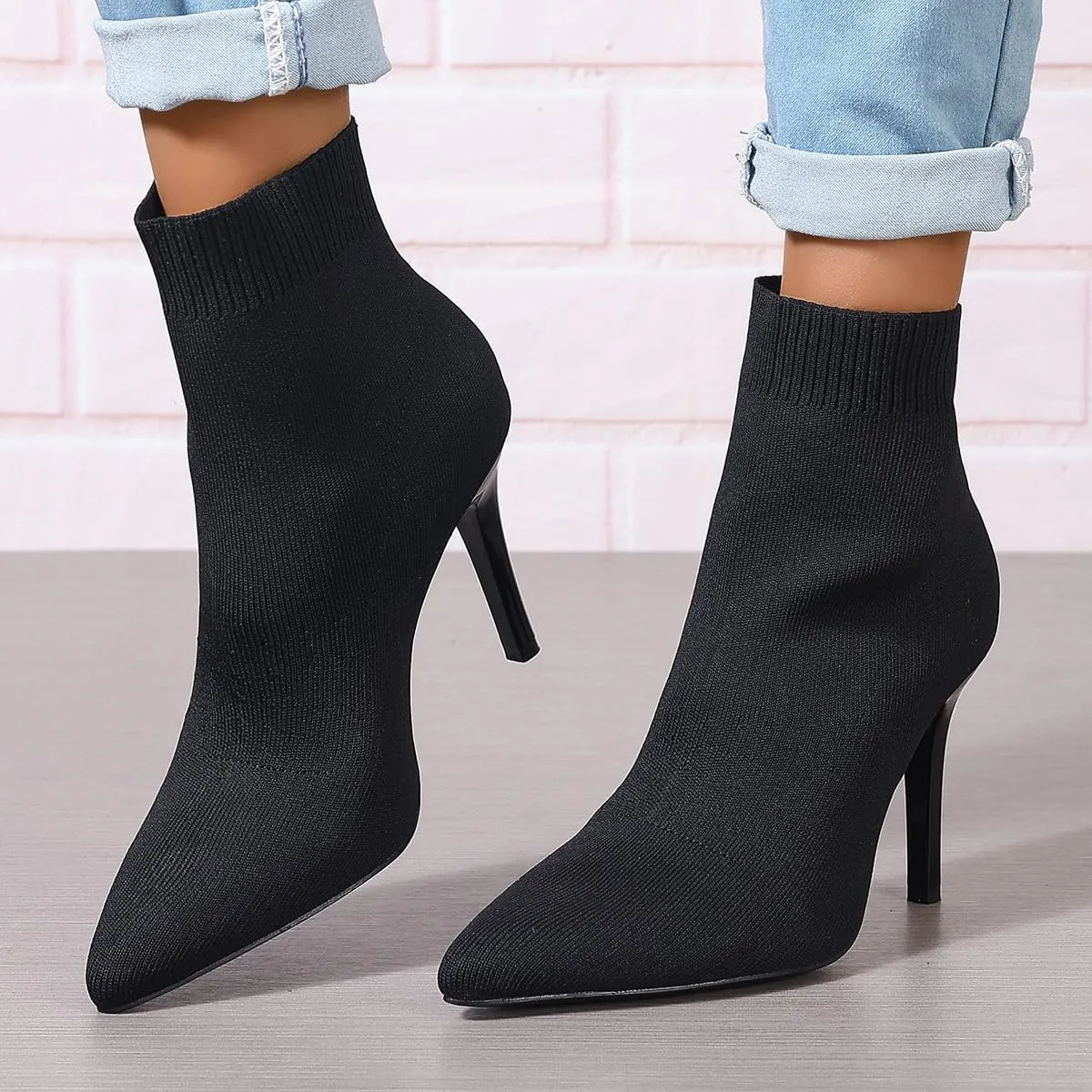 Women Knitted Boots Stretch Sock Ankle Boots Pointed Toe Booties Stiletto High Heel Pull On Ankle Booties