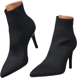 Women Knitted Boots Stretch Sock Ankle Boots Pointed Toe Booties Stiletto High Heel Pull On Ankle Booties
