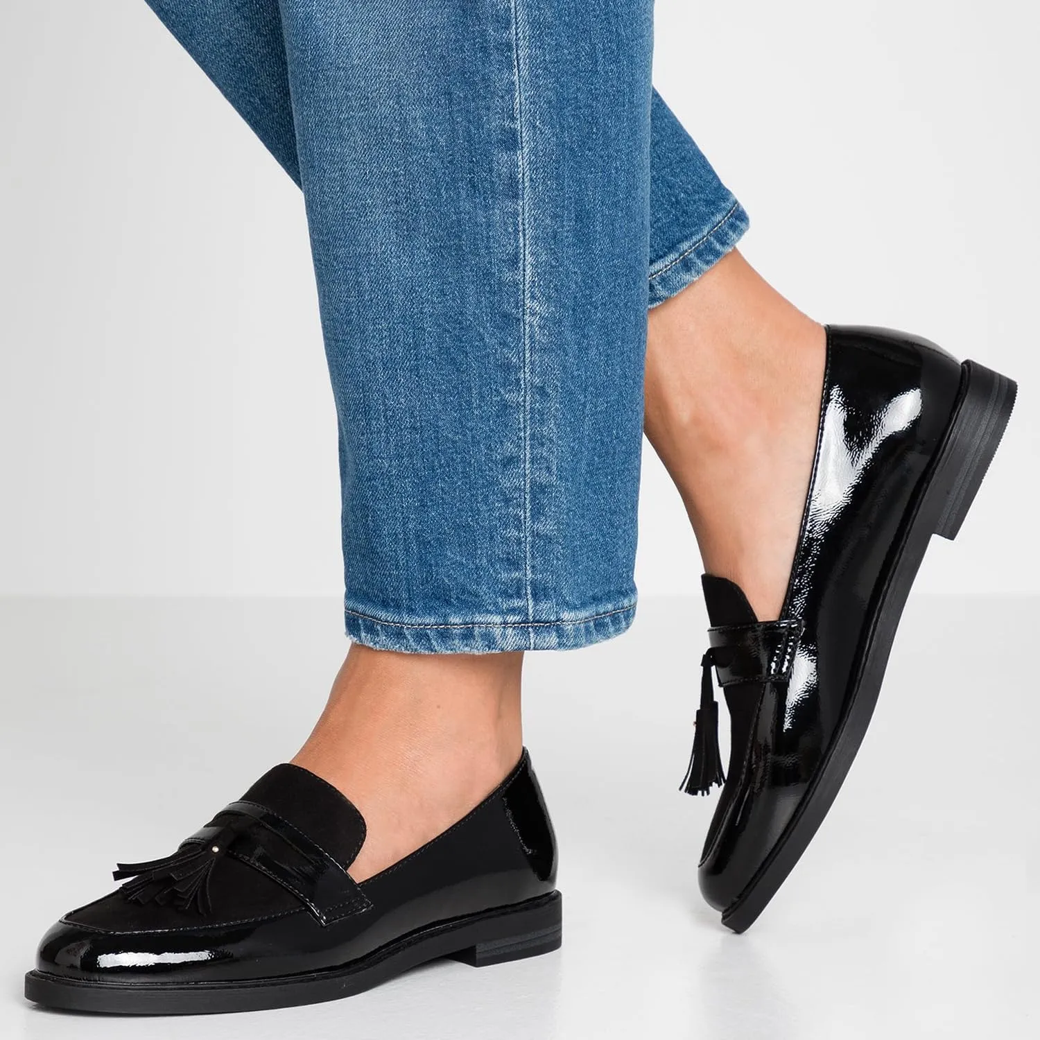 Women Low Chunky Heel Loafer Shoes Tassel Round Toe Slip On Dress Loafers Fringe 1" Block Low Heel Dress Loafers Patent Suede Penny Loafers Comfort Office Shoes Classic 4-11 M US