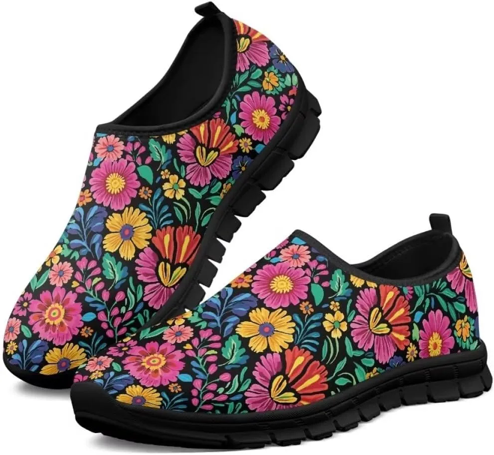 Womens Athletic Shoes Flowers Print Sports Shoes Slip-on Air Mesh Lightweight Sneakers Running Flats