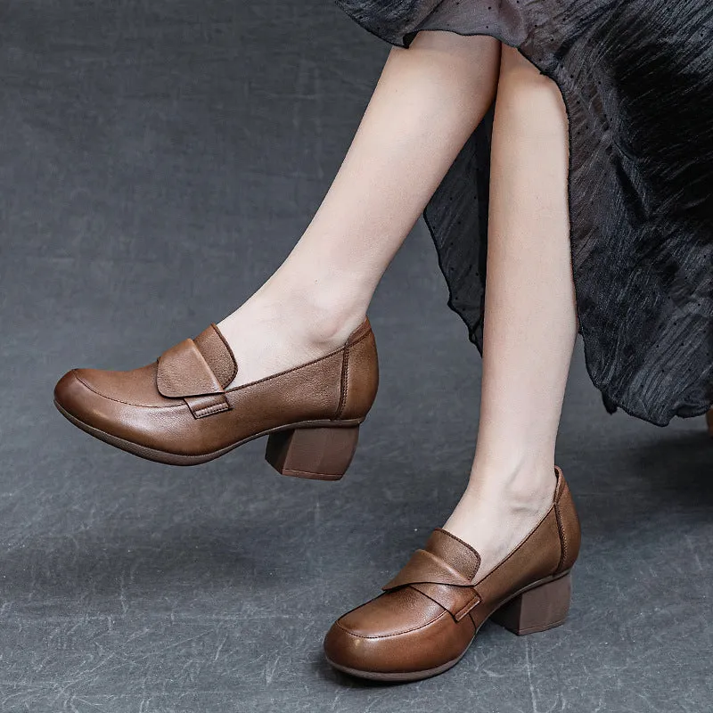 Women's Block Heel Soft Sole Retro Style Slip-on Loafer Pump