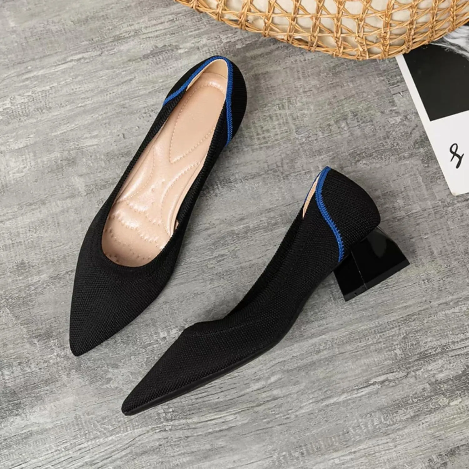 Womens Breathable Mesh Knitted Kitten Heels Pumps Classical Pointed Toe Comfortable Casual Formal Dress Party Shoes