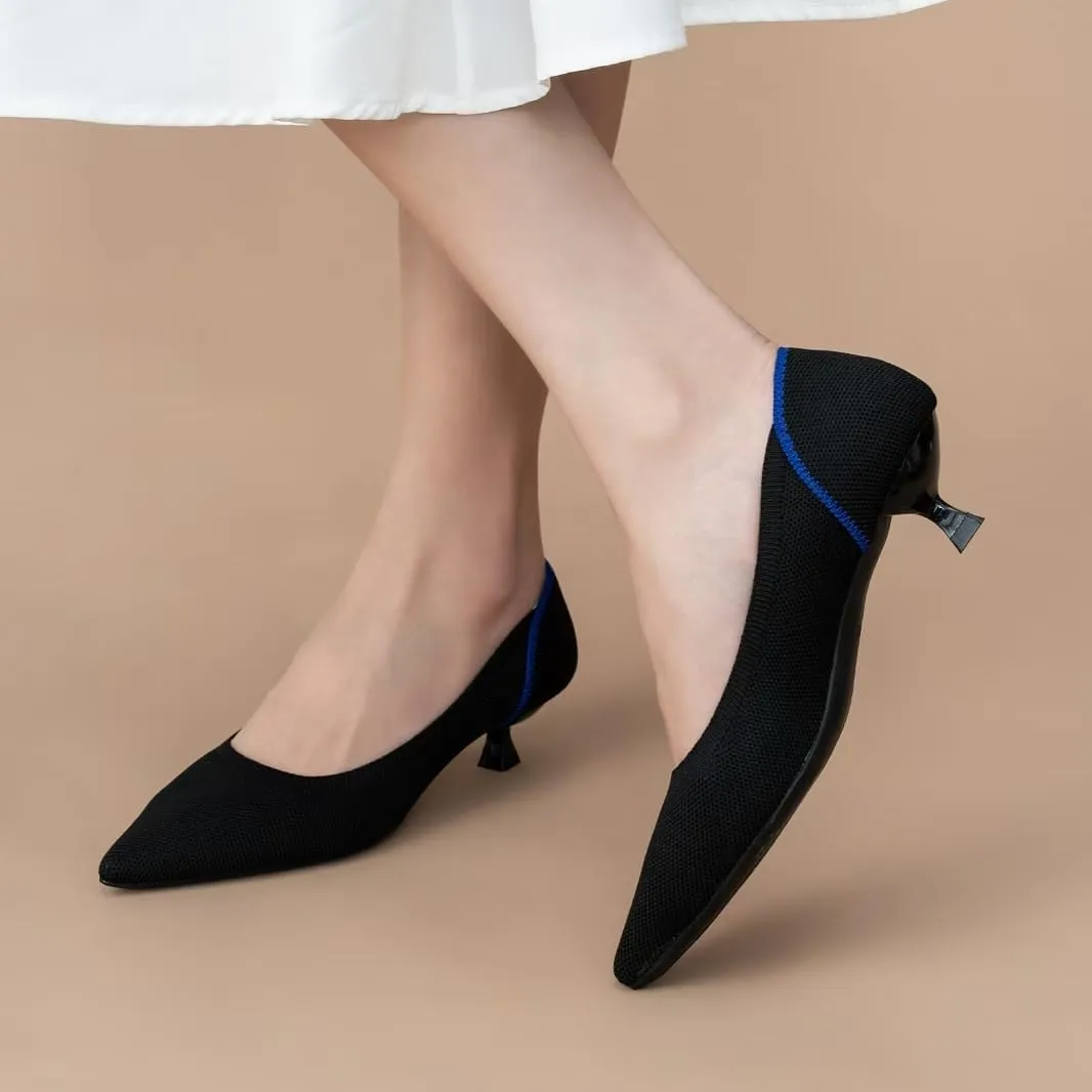 Womens Breathable Mesh Knitted Kitten Heels Pumps Classical Pointed Toe Comfortable Casual Formal Dress Party Shoes