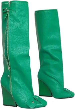 Women's Buckle Detail Square Toe Wedge Heel Knee High Long Boot﻿ Senna Green 11