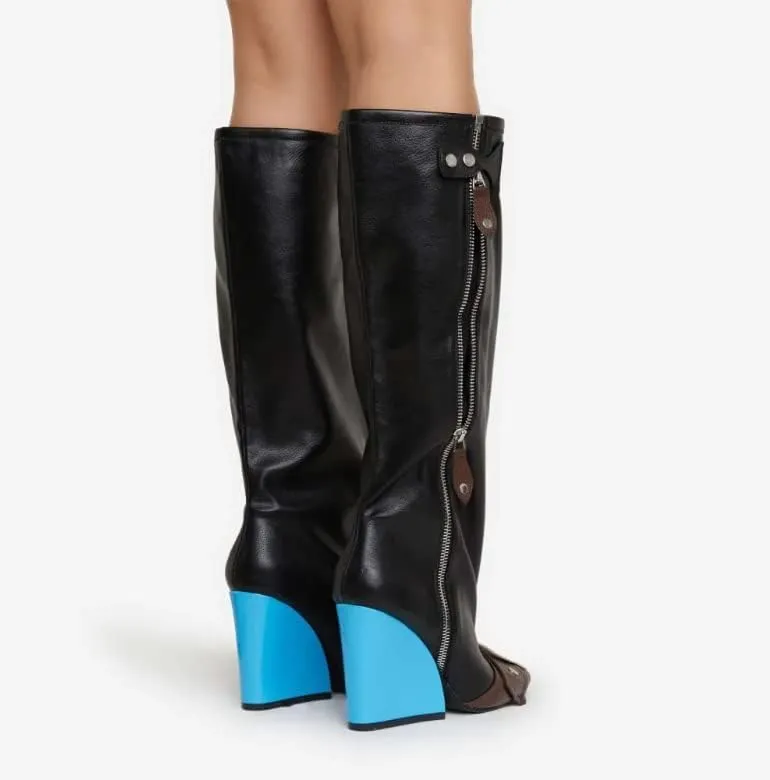 Women's Buckle Detail Square Toe Wedge Heel Knee High Long Boot﻿ Senna