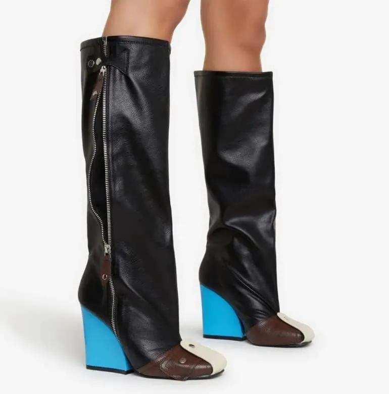 Women's Buckle Detail Square Toe Wedge Heel Knee High Long Boot﻿ Senna