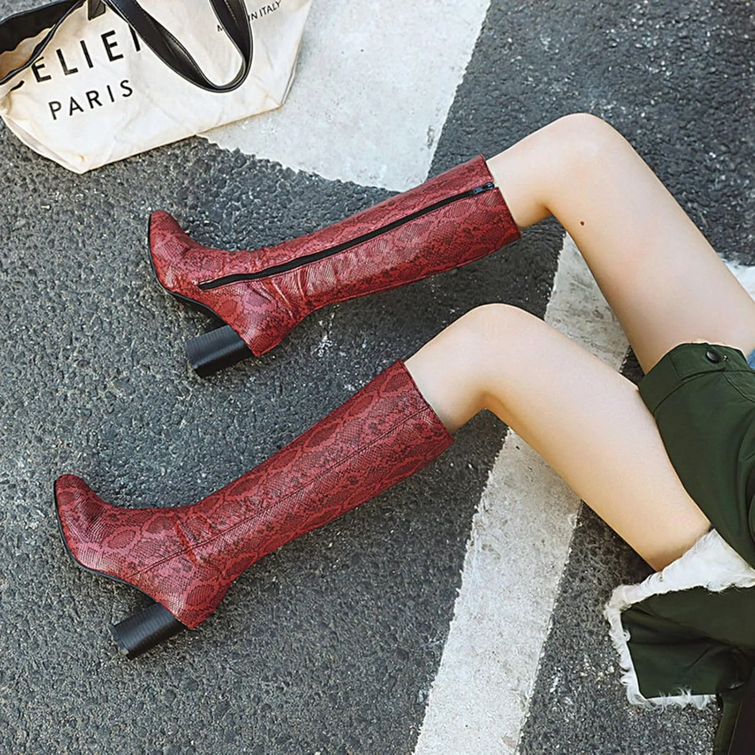 Women's Colorful Snakeskin Knee High Boot Chunky Block High Heels Snake Print Zipper Shoes