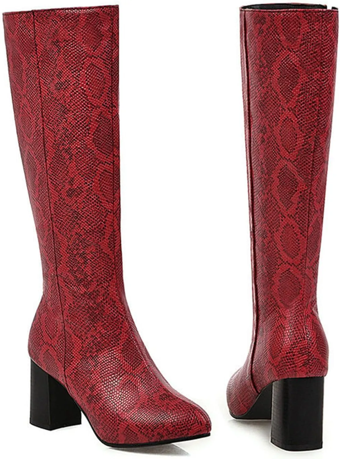 Women's Colorful Snakeskin Knee High Boot Chunky Block High Heels Snake Print Zipper Shoes