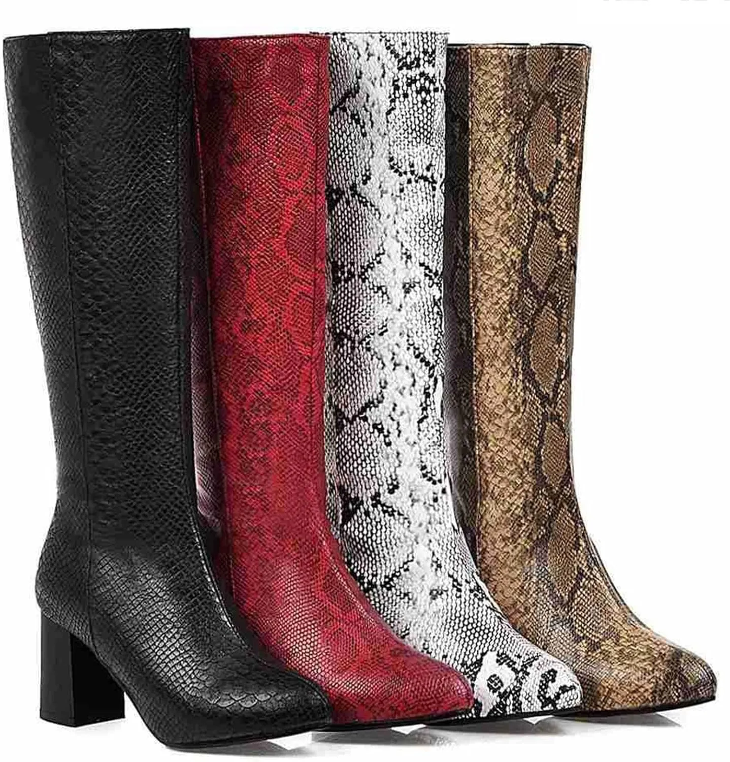 Women's Colorful Snakeskin Knee High Boot Chunky Block High Heels Snake Print Zipper Shoes