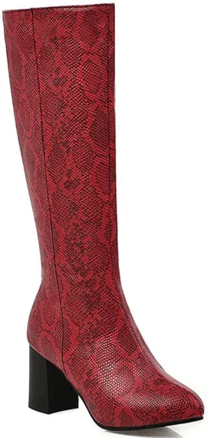 Women's Colorful Snakeskin Knee High Boot Chunky Block High Heels Snake Print Zipper Shoes