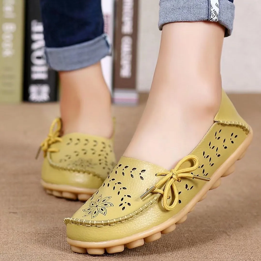 Women's Floral Leather Slipper Loafers Flat Shoes Slip-Ons