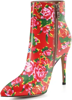 Womens High Stiletto Heels Blue Multicolor Square Printed Closed Toe Sexy Ankle Bootie Shoes