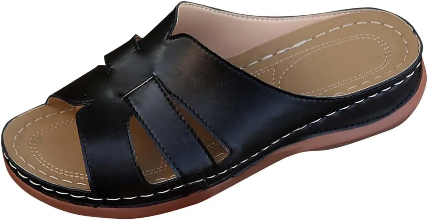 Women's Hollow Out Casual Slipper Leather Summer Orthopedic Sandal Open Toe Rubber Sole Slide Durable Vacation Shoe