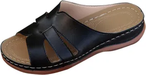 Women's Hollow Out Casual Slipper Leather Summer Orthopedic Sandal Open Toe Rubber Sole Slide Durable Vacation Shoe