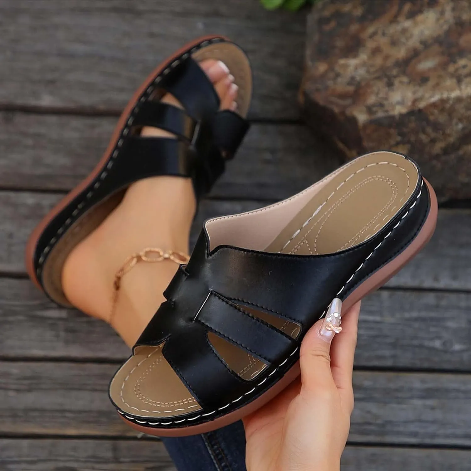 Women's Hollow Out Casual Slipper Leather Summer Orthopedic Sandal Open Toe Rubber Sole Slide Durable Vacation Shoe