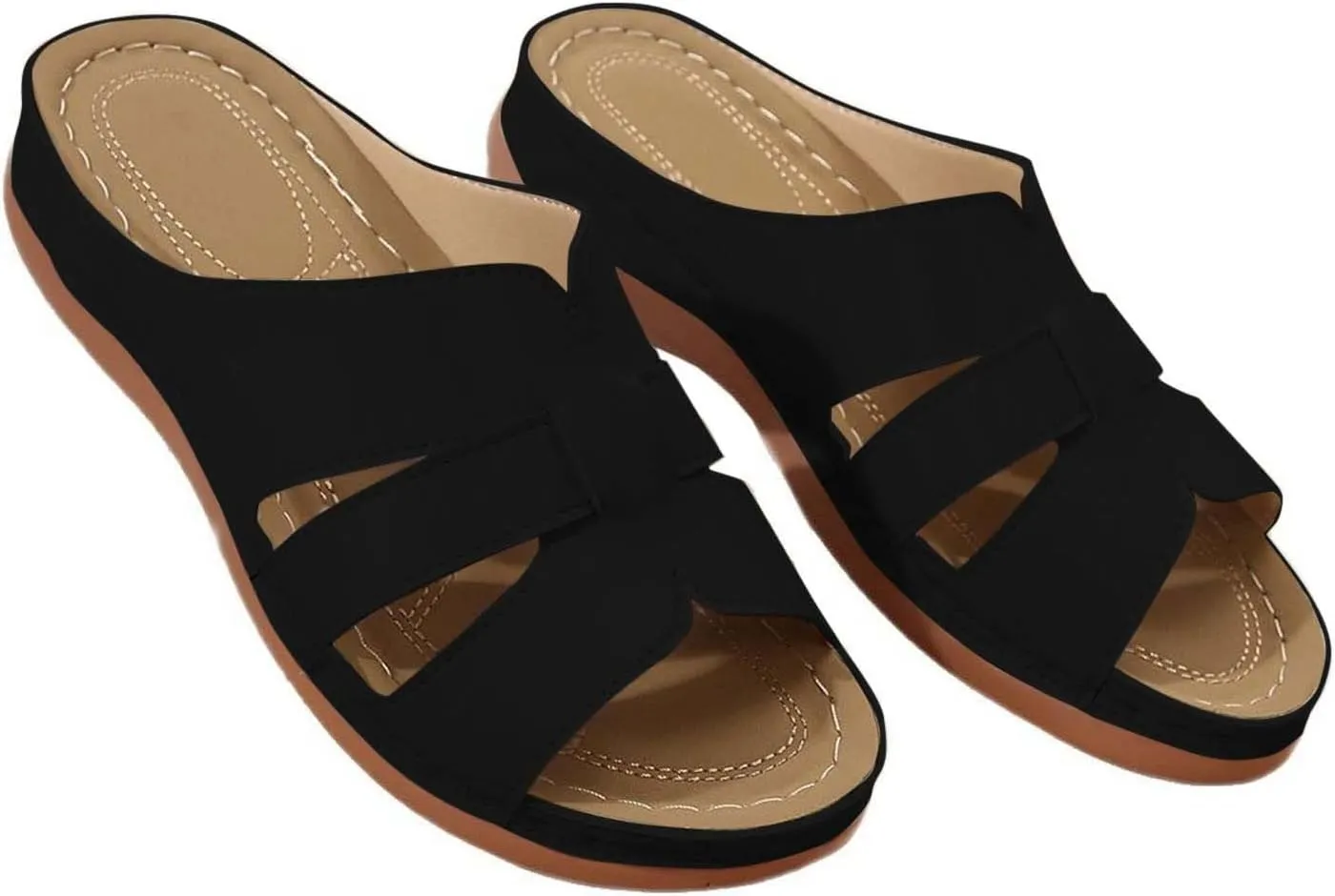 Women's Hollow Out Casual Slipper Leather Summer Orthopedic Sandal Open Toe Rubber Sole Slide Durable Vacation Shoe