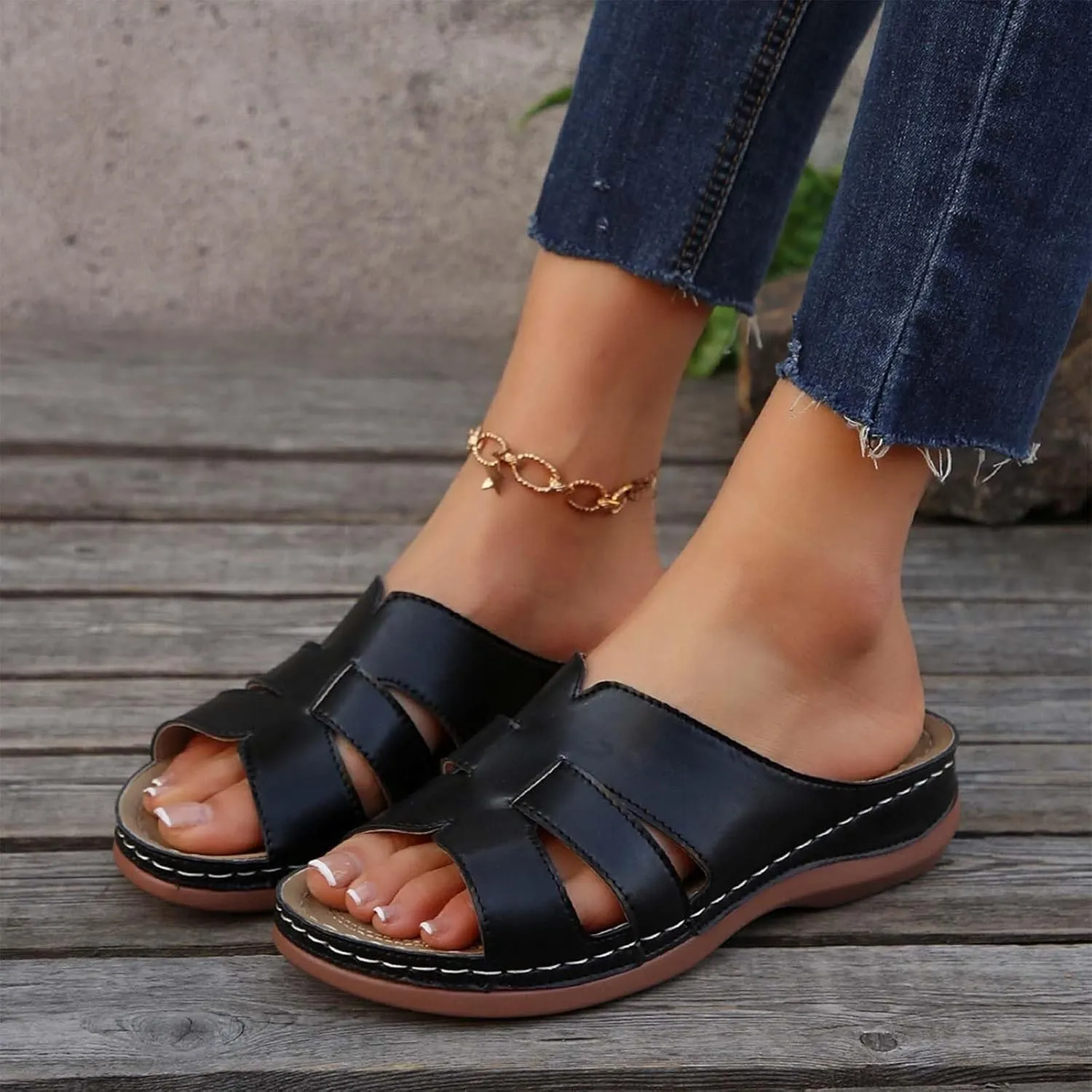 Women's Hollow Out Casual Slipper Leather Summer Orthopedic Sandal Open Toe Rubber Sole Slide Durable Vacation Shoe