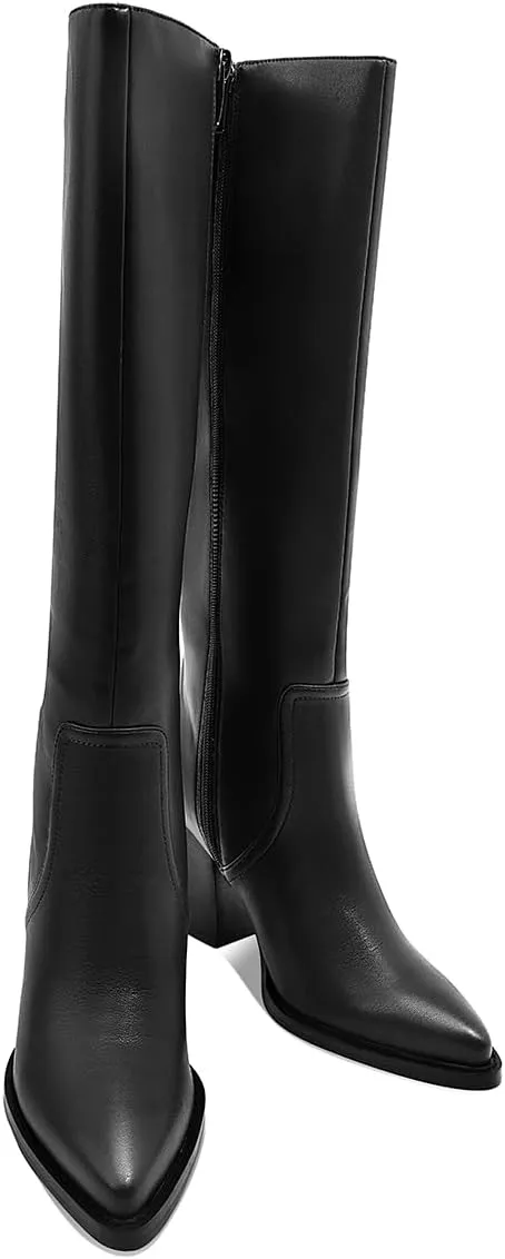 Womens Knee High Boots Retro Chunky Heel Pointed Toe Pull On Classic Knee High Boots for Women Girls Ladies Retro Tall Boot Winter Fall Fashion Boot