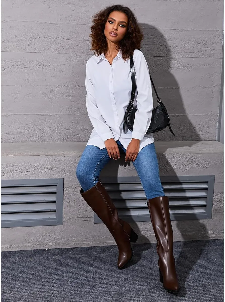 Womens Knee High Boots Retro Chunky Heel Pointed Toe Pull On Classic Knee High Boots for Women Girls Ladies Retro Tall Boot Winter Fall Fashion Boot