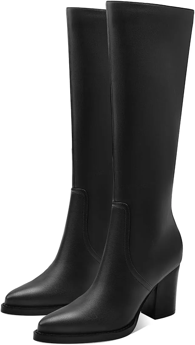 Womens Knee High Boots Retro Chunky Heel Pointed Toe Pull On Classic Knee High Boots for Women Girls Ladies Retro Tall Boot Winter Fall Fashion Boot