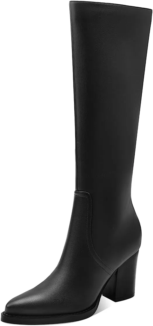 Womens Knee High Boots Retro Chunky Heel Pointed Toe Pull On Classic Knee High Boots for Women Girls Ladies Retro Tall Boot Winter Fall Fashion Boot