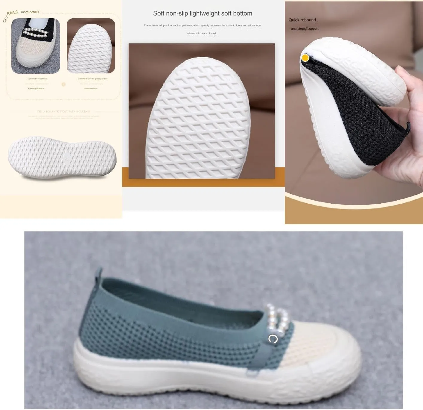 Women's Knit Mesh Pearl Chain Slip-on Low Top Loafers Shoes Comfort Lightweight Breathable Round Toe Non-Slip Mother Shoes Fashion Casual Work Walking