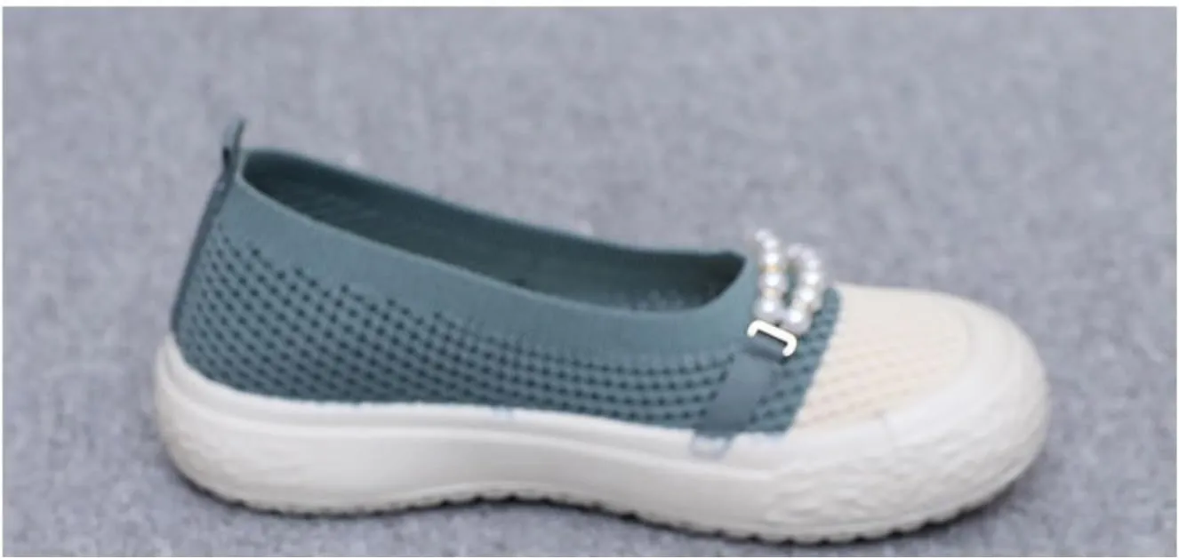 Women's Knit Mesh Pearl Chain Slip-on Low Top Loafers Shoes Comfort Lightweight Breathable Round Toe Non-Slip Mother Shoes Fashion Casual Work Walking