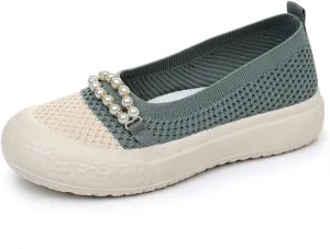 Women's Knit Mesh Pearl Chain Slip-on Low Top Loafers Shoes Comfort Lightweight Breathable Round Toe Non-Slip Mother Shoes Fashion Casual Work Walking