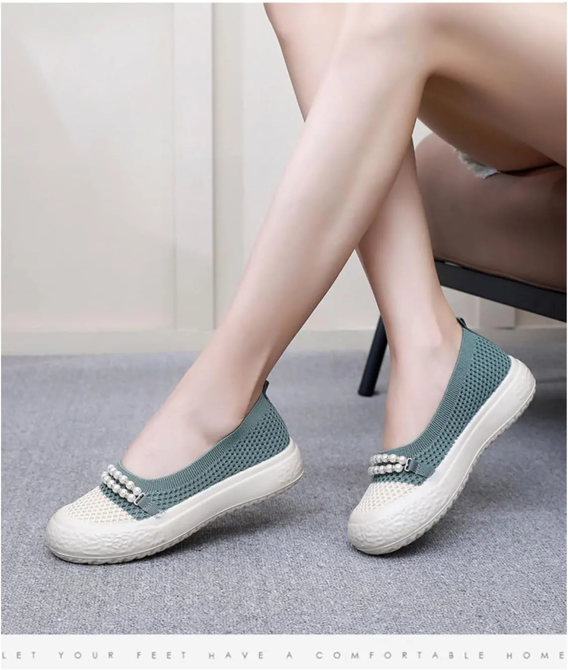 Women's Knit Mesh Pearl Chain Slip-on Low Top Loafers Shoes Comfort Lightweight Breathable Round Toe Non-Slip Mother Shoes Fashion Casual Work Walking
