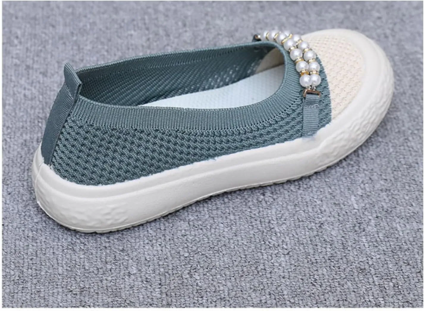 Women's Knit Mesh Pearl Chain Slip-on Low Top Loafers Shoes Comfort Lightweight Breathable Round Toe Non-Slip Mother Shoes Fashion Casual Work Walking