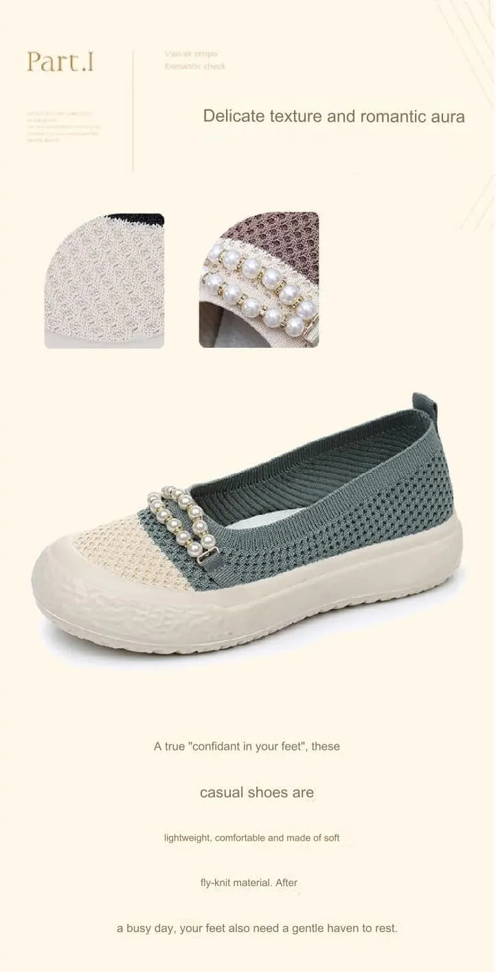 Women's Knit Mesh Pearl Chain Slip-on Low Top Loafers Shoes Comfort Lightweight Breathable Round Toe Non-Slip Mother Shoes Fashion Casual Work Walking