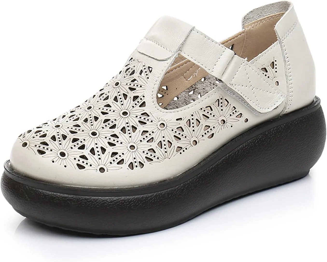 Women's Leather Hollow Platform Rocking Walking Orthopedic Loafers with Adjustable Hook and Loop Comfort Round Toe Breathable Soft Non-Slip Bottom Chunky Wedge Heel Slip-On Casual Sneakers