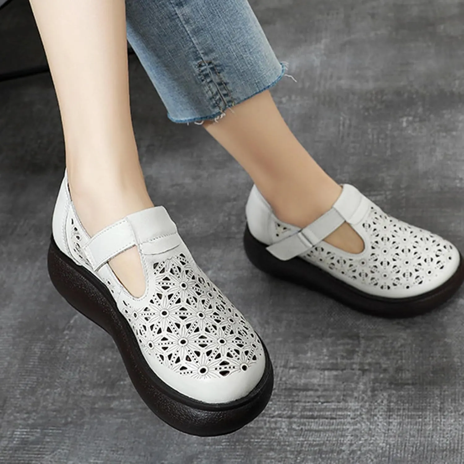 Women's Leather Hollow Platform Rocking Walking Orthopedic Loafers with Adjustable Hook and Loop Comfort Round Toe Breathable Soft Non-Slip Bottom Chunky Wedge Heel Slip-On Casual Sneakers