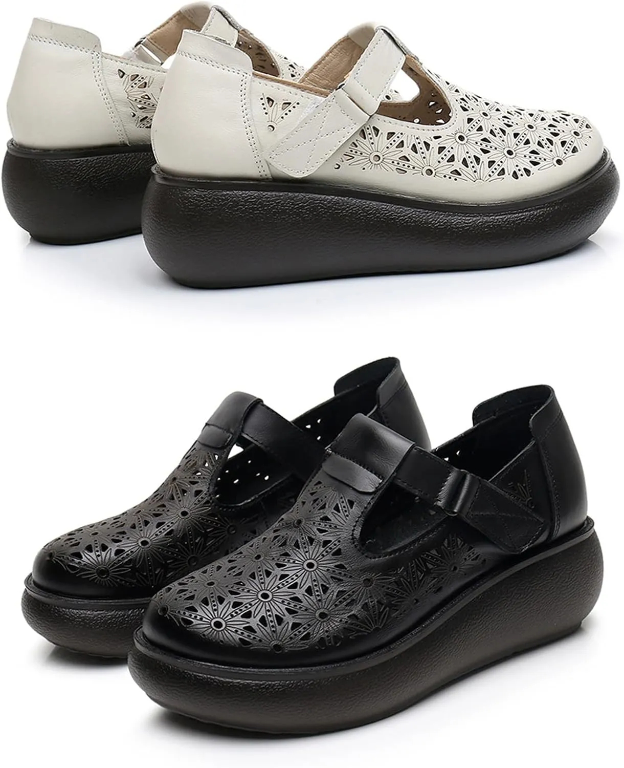 Women's Leather Hollow Platform Rocking Walking Orthopedic Loafers with Adjustable Hook and Loop Comfort Round Toe Breathable Soft Non-Slip Bottom Chunky Wedge Heel Slip-On Casual Sneakers