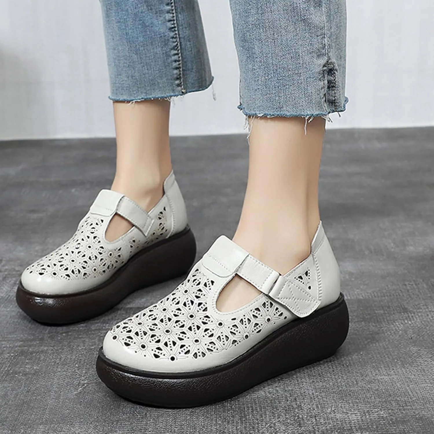 Women's Leather Hollow Platform Rocking Walking Orthopedic Loafers with Adjustable Hook and Loop Comfort Round Toe Breathable Soft Non-Slip Bottom Chunky Wedge Heel Slip-On Casual Sneakers