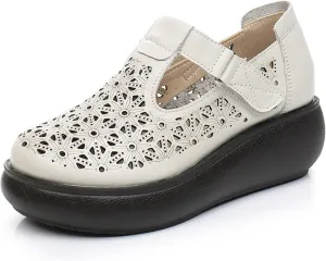 Women's Leather Hollow Platform Rocking Walking Orthopedic Loafers with Adjustable Hook and Loop Comfort Round Toe Breathable Soft Non-Slip Bottom Chunky Wedge Heel Slip-On Casual Sneakers