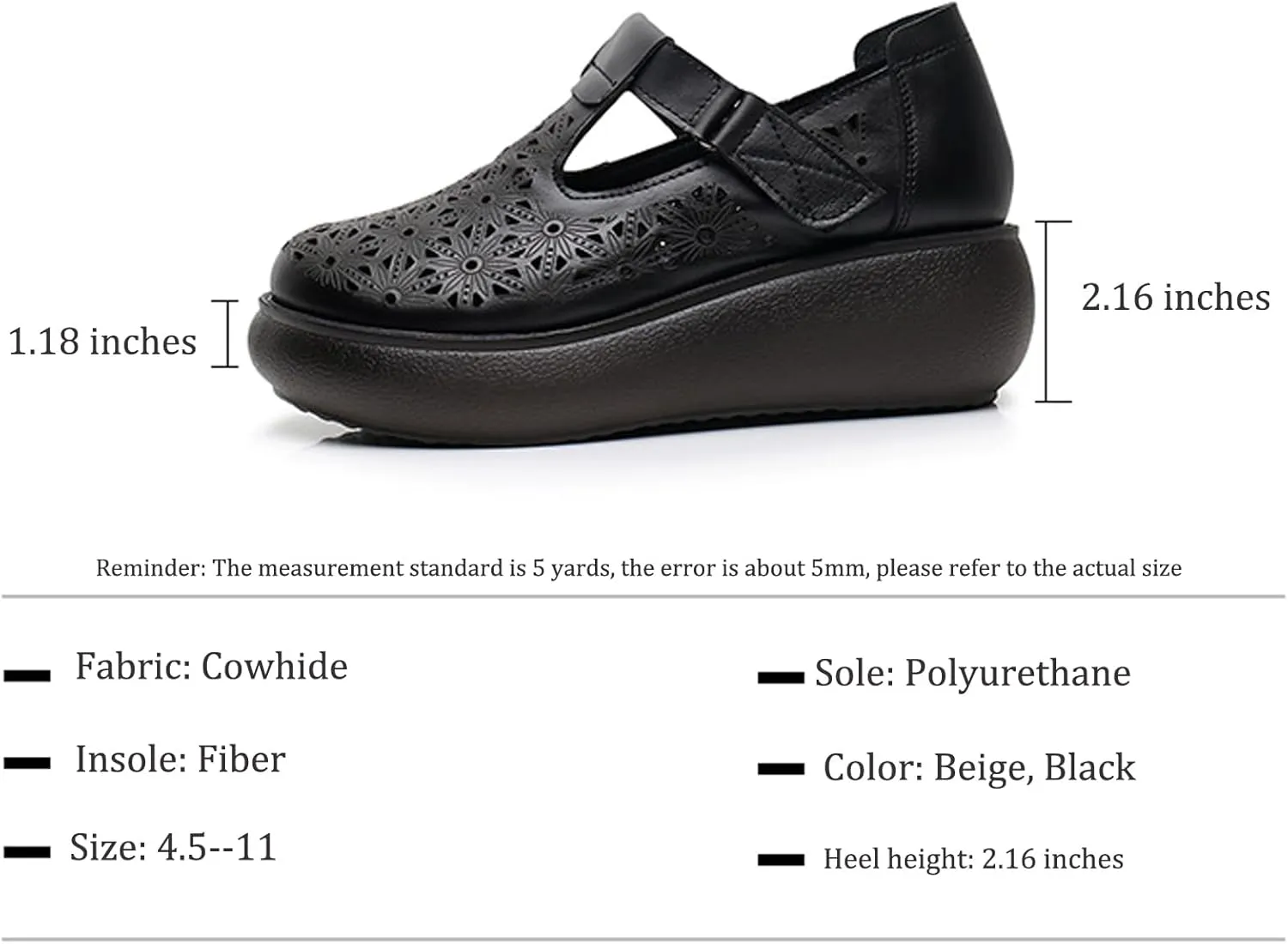 Women's Leather Hollow Platform Rocking Walking Orthopedic Loafers with Adjustable Hook and Loop Comfort Round Toe Breathable Soft Non-Slip Bottom Chunky Wedge Heel Slip-On Casual Sneakers