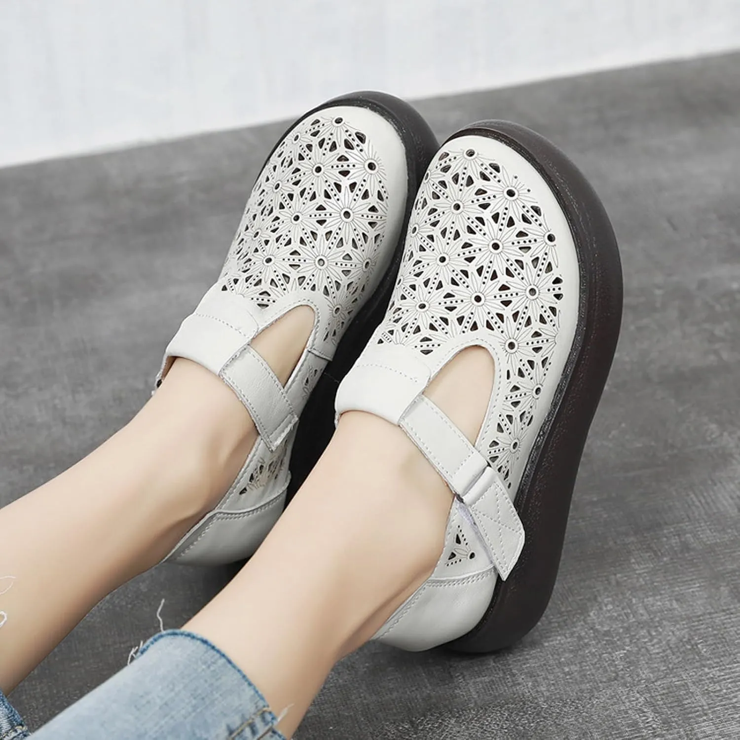 Women's Leather Hollow Platform Rocking Walking Orthopedic Loafers with Adjustable Hook and Loop Comfort Round Toe Breathable Soft Non-Slip Bottom Chunky Wedge Heel Slip-On Casual Sneakers