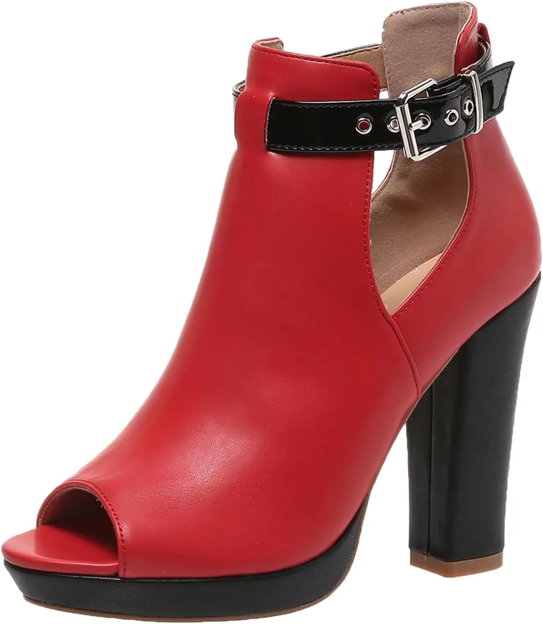 Women's Open Peep Toe Booties Cutout Side Strap Buckle Chunky Block Heel Fashion Short Ankle Boots Dressy Sandals