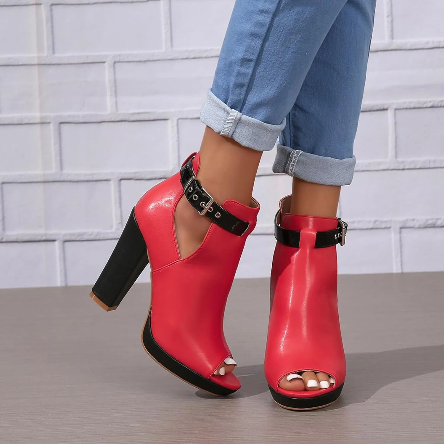 Women's Open Peep Toe Booties Cutout Side Strap Buckle Chunky Block Heel Fashion Short Ankle Boots Dressy Sandals