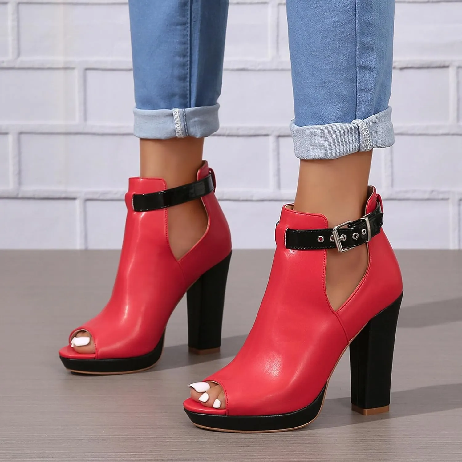 Women's Open Peep Toe Booties Cutout Side Strap Buckle Chunky Block Heel Fashion Short Ankle Boots Dressy Sandals