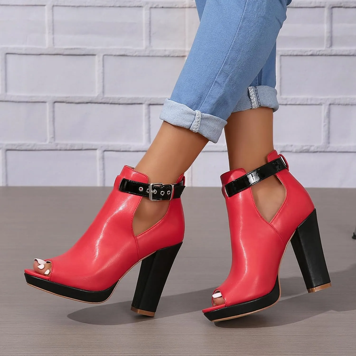 Women's Open Peep Toe Booties Cutout Side Strap Buckle Chunky Block Heel Fashion Short Ankle Boots Dressy Sandals