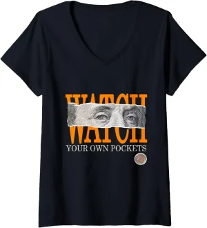 Womens Orange Watch Your Own Pockets Orange Graphic V-Neck T-Shirt