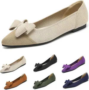 Women's Pointed Toe Knit Bow Ballet Flat Comfortable Breathable Mesh Slip On Work Office Dress Shoes Lightweight Non-Slip Mam Nurse Walking Shoes