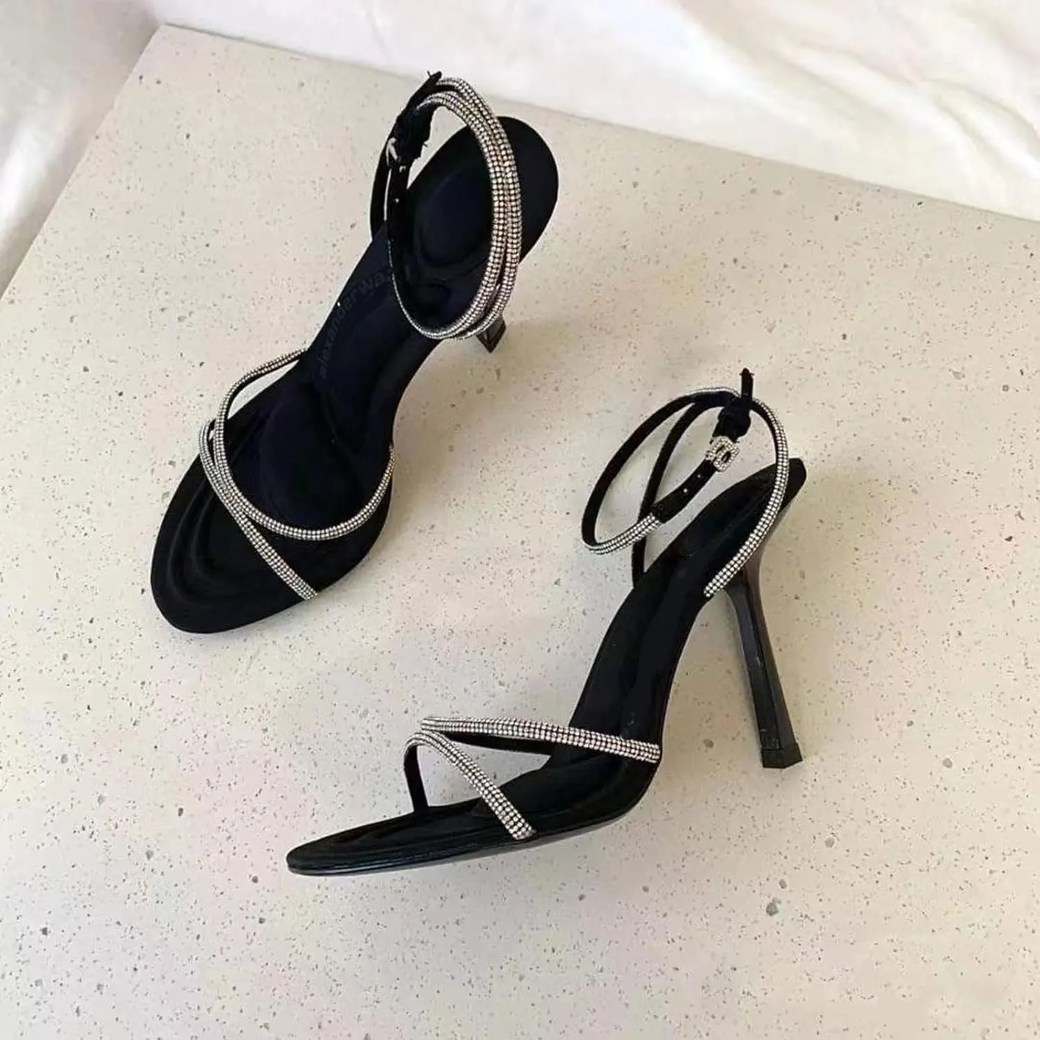Women's Rhinestone Ankle Strap Stiletto Heels Sandals Open Toe Sparkly High Heel Dress Shoes