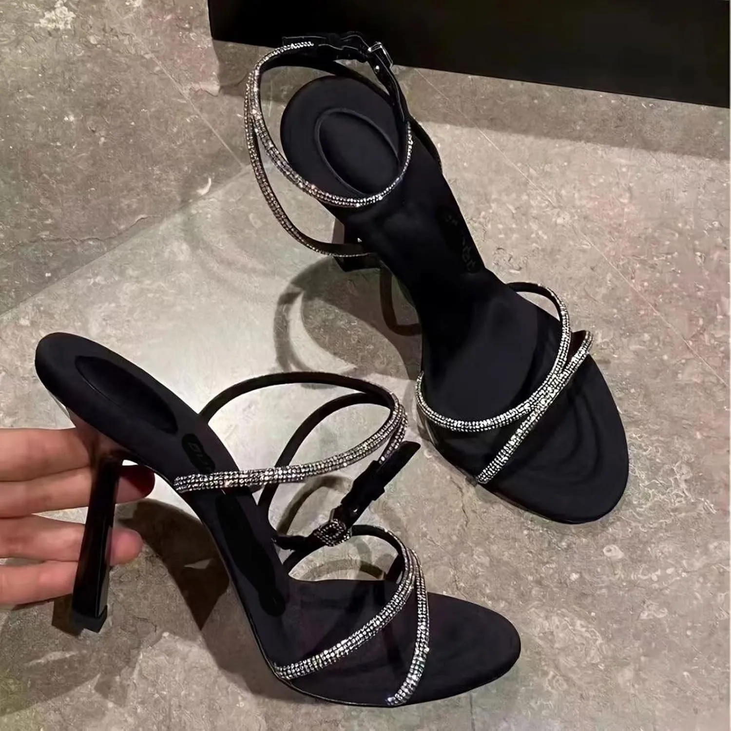 Women's Rhinestone Ankle Strap Stiletto Heels Sandals Open Toe Sparkly High Heel Dress Shoes