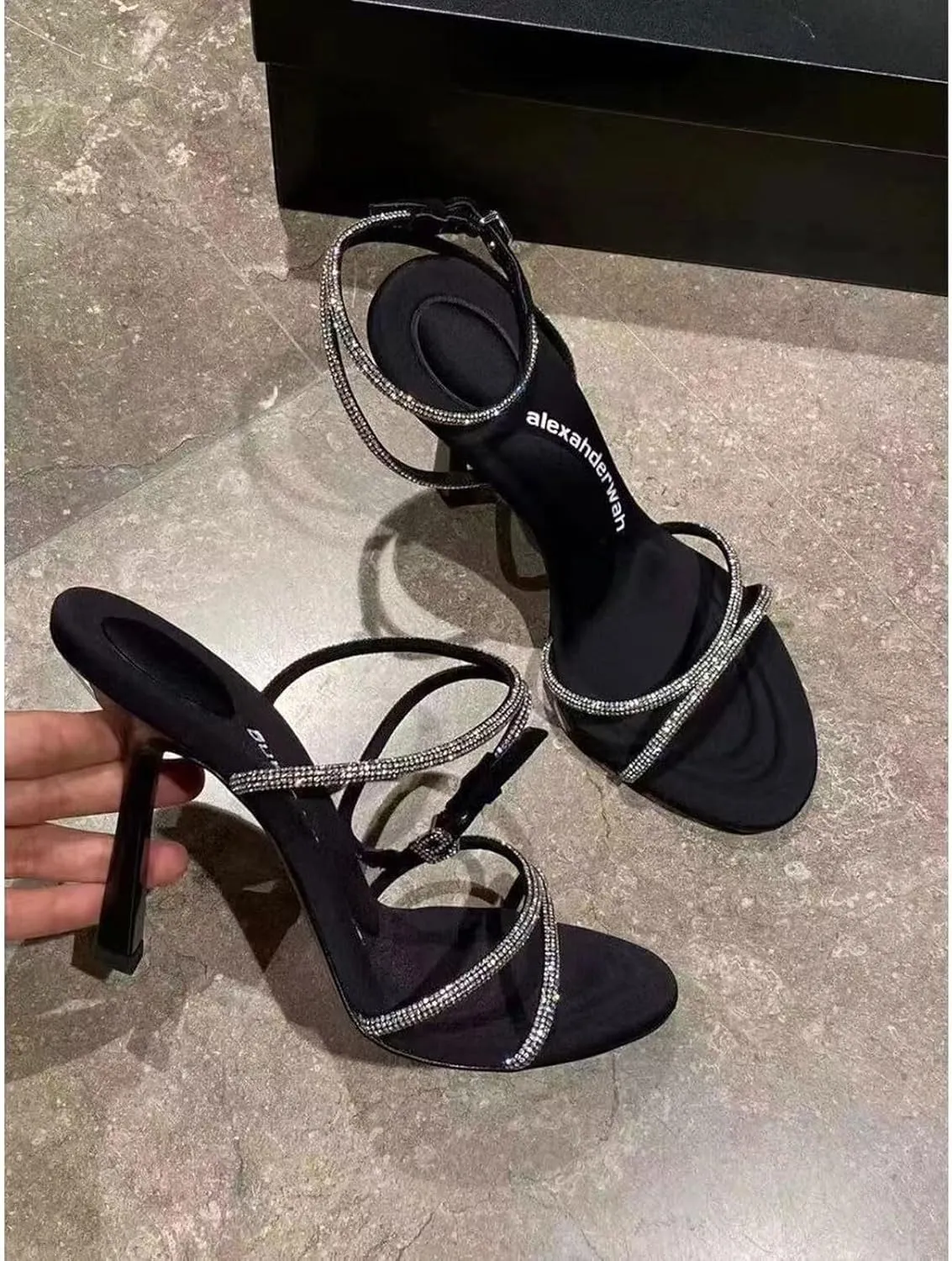 Women's Rhinestone Ankle Strap Stiletto Heels Sandals Open Toe Sparkly High Heel Dress Shoes