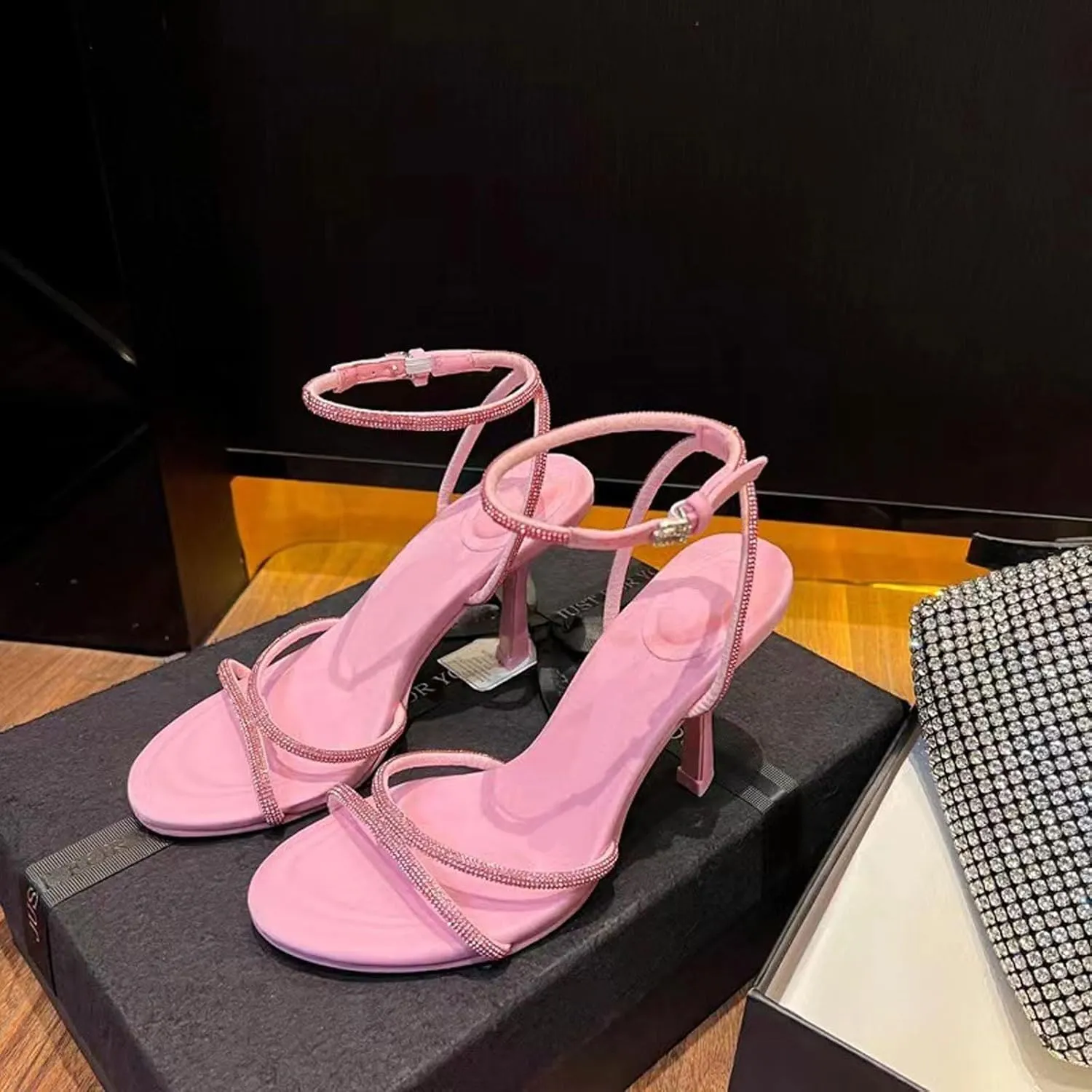 Women's Rhinestone Ankle Strap Stiletto Heels Sandals Open Toe Sparkly High Heel Dress Shoes